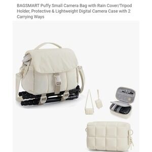 BAGSMART Puffy Small Camera Bag Cream Quilted Case with Rain Cover Tripod Holder